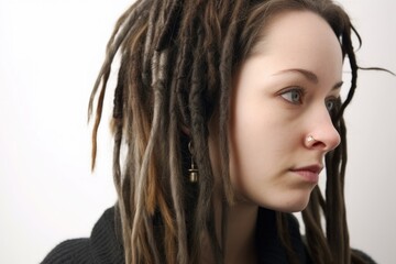 A 35-year-old overweight woman with dreadlocks, looking thoughtfully to the side against a neutral background.