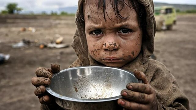 A child with dirty hands holds an empty bowl. The background shows a barren landscape. The image is striking and heart-wrenching, focusing on malnutrition and food insecurity.