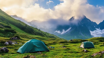 A rustic camping scene amidst rugged mountain peaks, Tents nestled in alpine meadows, Alpine adventure style