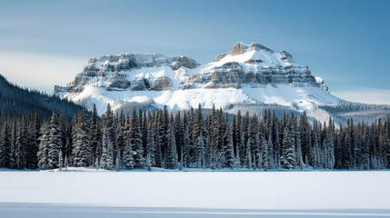 stunning winter landscape featuring frozen lake surrounded by snow covered mountains and tall evergreen trees. serene atmosphere evokes sense of tranquility and natural beauty