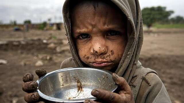 A child with dirty hands holds an empty bowl. The background shows a barren landscape. The image is striking and heart-wrenching, focusing on malnutrition and food insecurity.