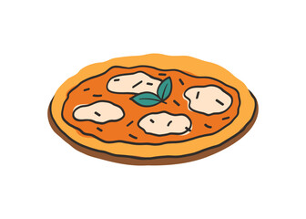 Italian pizza in a flat style. Pizza Margarita. Dish in a wood plate. Colorful bright vector illustration in modern style isolated on a white background