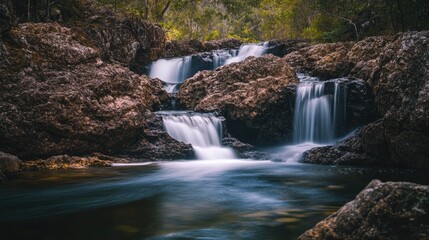 Fototapeta premium Serene Waterfalls Cascading Over Rocky Terrain