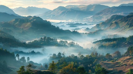 Fototapeta premium Serene Mountain Valley Landscape at Dawn