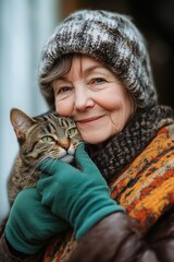 An elderly woman wearing gloves lovingly petting her cat while smiling warmly.