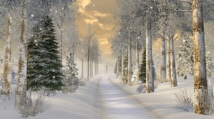 Naklejka premium Serene Snowy Pathway Through Winter Landscape