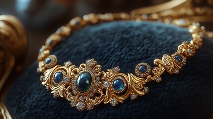 Regal gold necklace featuring intricate baroque designs and sparkling gemstones resting on a velvet cushion under soft ambient lighting
