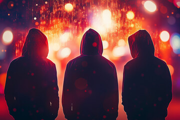 Hackers in dark hooded attire in the foreground, with a blurred coding background, symbolizing cybersecurity threats, with copy space. Low, dramatic lighting.