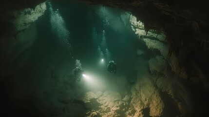 Obraz premium Mysterious Underwater Cave Exploration by Divers