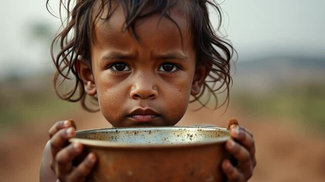 A child with dirty hands holds an empty bowl. The background shows a barren landscape. The image is striking and heart-wrenching, focusing on malnutrition and food insecurity.