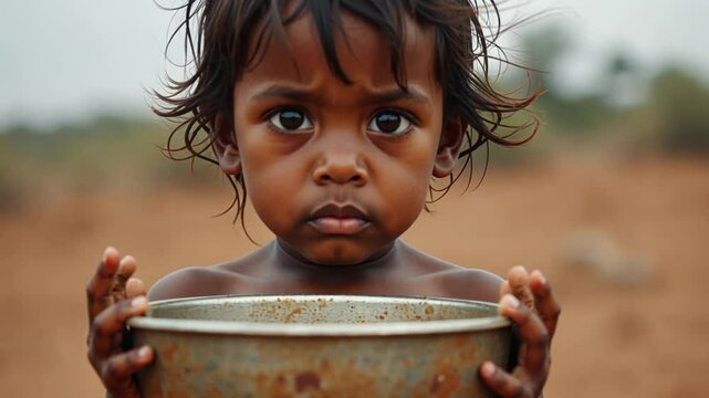 A child with dirty hands holds an empty bowl. The background shows a barren landscape. The image is striking and heart-wrenching, focusing on malnutrition and food insecurity.