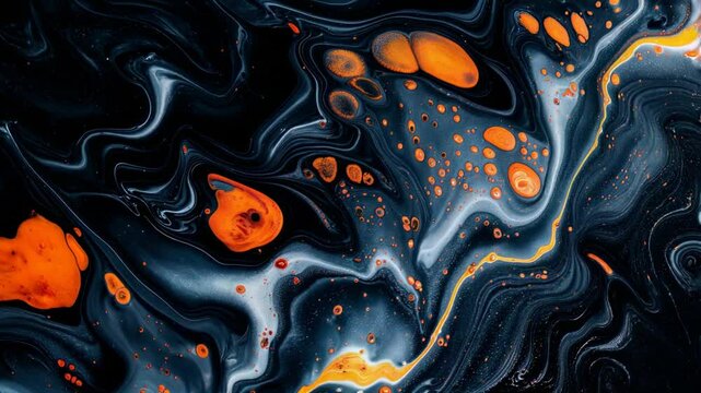 An abstract composition featuring swirling black and deep blue patterns interspersed with vibrant orange bubbles, creating a cosmic or molten lava-like effect with dynamic flow and contrast.