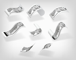 Payment check and receipts with shadow. Set of curved financial paper, purchase invoice. Buying, bill or calculate pay. Receipt the seller form