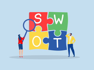 SWOT Analysis,analyze strength, weakness, opportunity and threat,businesswoman magnify analyze SWOT business jigsaw. vector illustrator