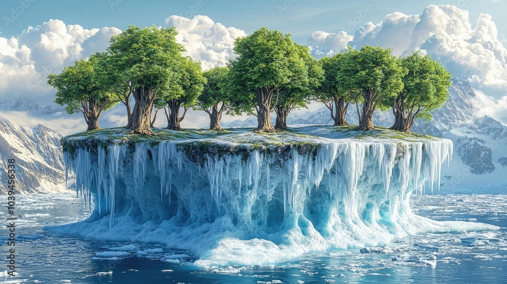 Poster floating island with trees and ice, surrounded by water and mountains.