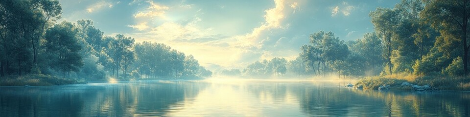Fototapeta premium Serene landscape with a calm river and soft, misty atmosphere.