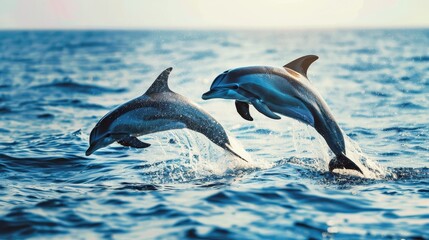 Obraz premium Playful Dolphins Leaping from Water in Sunny Scene