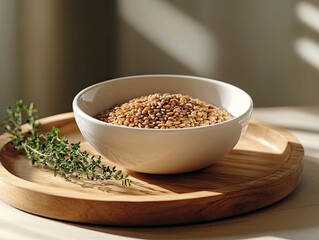 Organic cereals and separate thyme sprigs, fresh ingredients, textured grains, farm to table concept, sustainable farming, thyme scent, organic gourmet food