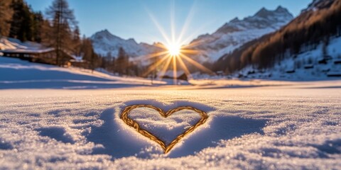 Winter Wonderland Heart: Sunburst over snow covered alpine village with heart shape in foreground. A breathtaking winter landscape photograph, perfect for travel, romance, and winter holiday themes.