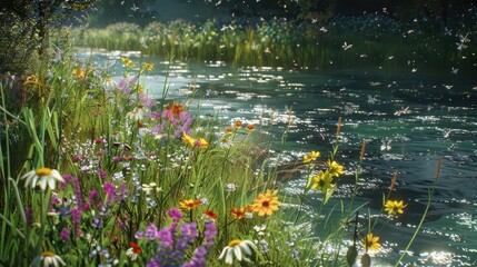Colorful Wildflowers Along Riverbank Serenity