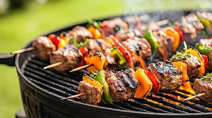 Grilled kebabs with meat and colorful vegetables on the barbecue.