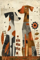 Two stylized dogs in geometric design with sharp edges and clean lines