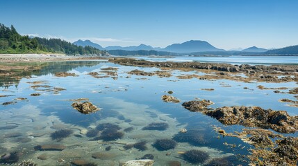 Serene Coastline at Low Tide with Reflections