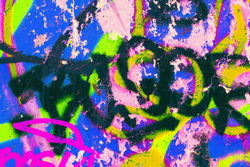 Closeup of colorful pink, purple, blue urban wall texture. Modern pattern for wallpaper design. Creative modern urban city background for advertising mockups. Grunge messy street style background