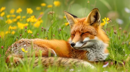 Fototapeta premium Resting Red Fox in Serene Meadow with Flowers