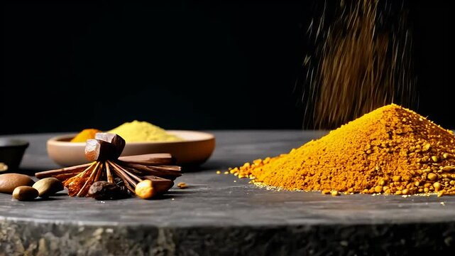 slowmotion dolly shot captures variety Indian spices artfully arranged dark stone table their vibrant colors textures highdefinition 4K video spice saffron curry various cinnamon rb