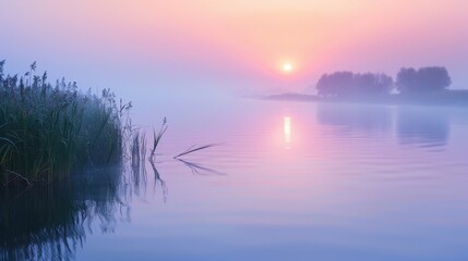 Fototapeta premium Serene Morning Scene with Fog over Still Water