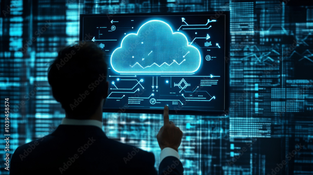 Poster a businessman uses a touchscreen to interact with a cloud computing system. the screen shows a glowi