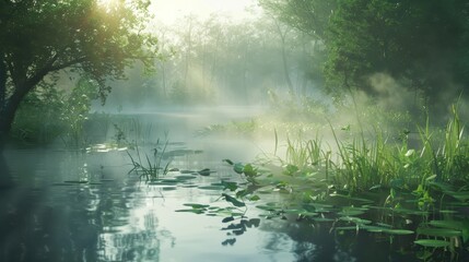 Misty Swamp Scene at Dawn with Rising Fog