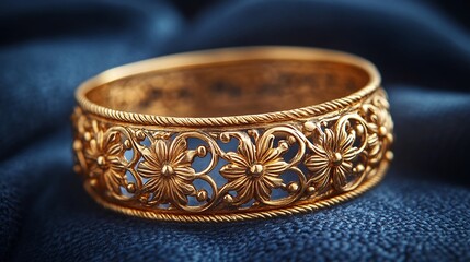 Retro gold bracelet with intricate ornamentation resting on a simple sleek background emphasizing the charm and elegance of vintage craftsmanship