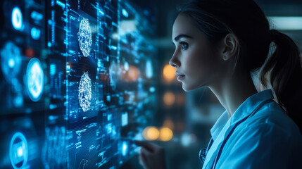 Young female scientist analyzing advanced digital data in a high-tech laboratory environment during late evening hours
