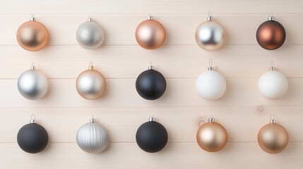 Collection of colorful Christmas decorations on wooden surface