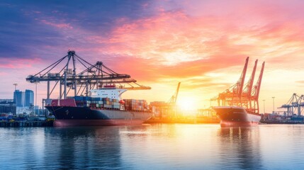 Obraz premium A bustling modern port bathed in the early morning light, with cranes and cargo ships under a colorful sunrise sky, symbolizing the continuous growth and innovation in global trade