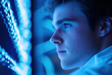 Man in blue light looks at DNA helix, symbolizing biotechnology