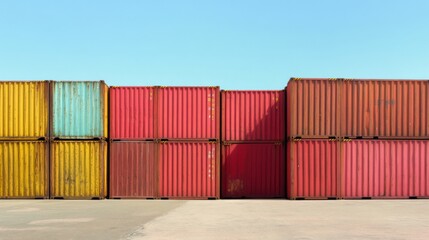 Fototapeta premium Colorful Containers Stacked at Port with Ocean Background