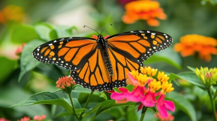 Naklejka premium Colorful Butterfly Resting on Vibrant Flower Petals