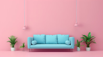 Obraz premium light turquoise sofa with blue cushions creates vibrant focal point against pink wall, complemented by green plants in white pots, enhancing cheerful atmosphere