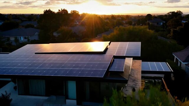 solar panels installed on residential home house with Tim lapse motion from sunrise to sunset for clean green energy and solar photovoltaic energy concepts