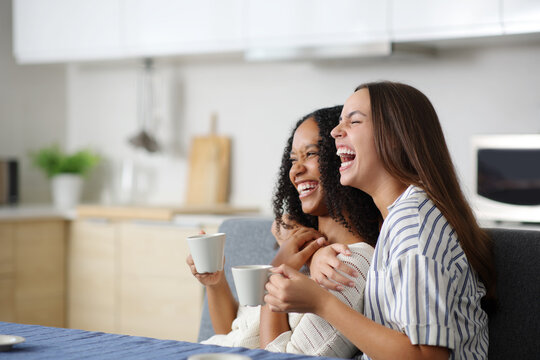 Happy interracial lesbian couple laughing in the kitchen