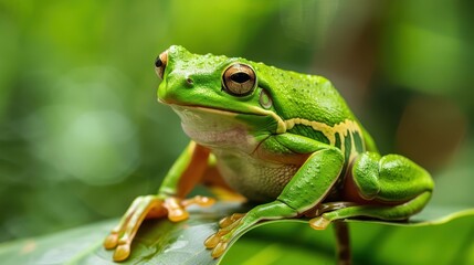 Naklejka premium Vibrant Green Frog Perched on Leaf in Nature