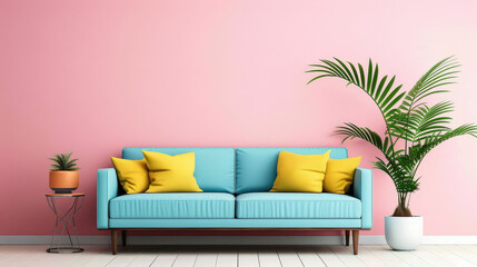 light turquoise sofa with yellow cushions creates vibrant and inviting atmosphere against pink wall. addition of green plants enhances fresh and modern decor