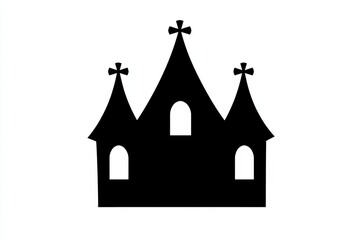 Silhouette of a haunted house with two towers and cross symbols blending spooky Halloween vibes with a minimalist gothic design on a white background