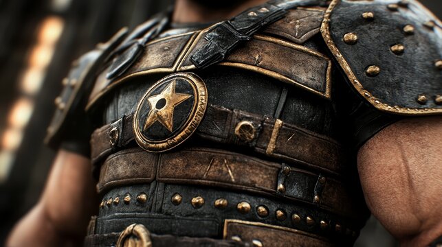 A close-up of a man in leather armor, displaying one star on his chest