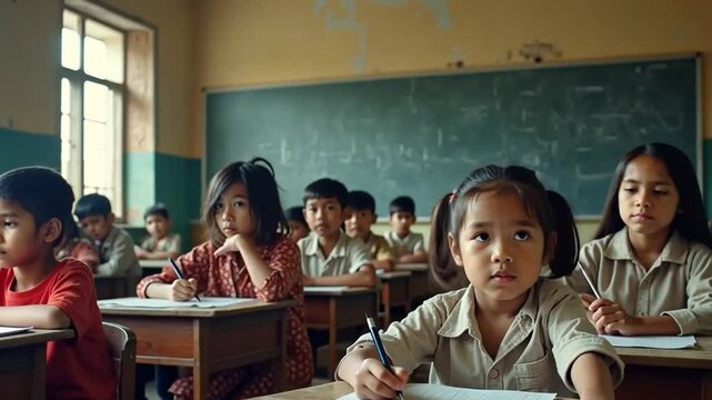 A school in a poor area with broken desks and a leaky ceiling. The children are eager to learn.
