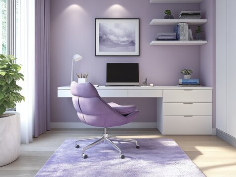 Modern study room with a lavender desk chair paired with a sleek white desk