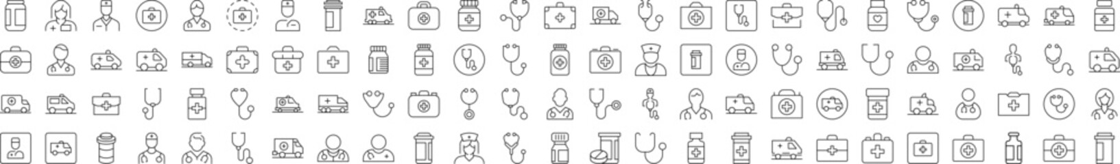 Doctor, Hospital, Stethoscope, Ambulance, Drugs Related Linear Symbol Drawn with Thin Line for Interface, Booklets, Cards, Posts, Infographics